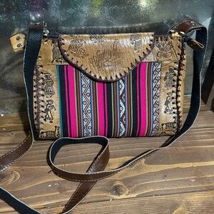 Handcrafted Boho Leather Crossbody Bag in Brown with Pink Stripe Accents